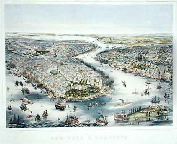 Birds-eye view of New York and Brooklyn Oil Painting - Lochner, J.H.