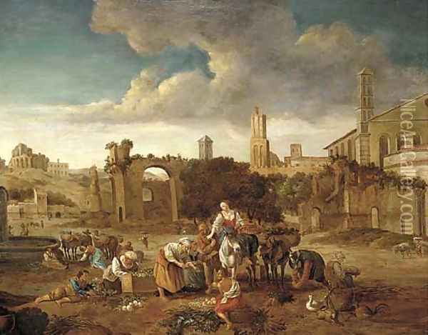 A Roman capriccio with a market amongst classical ruins Oil Painting - Hendrick Mommers