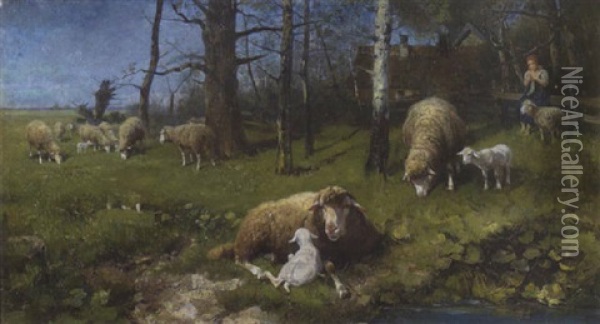 Schafe Und Lammer Auf Der Weide Oil Painting - Adolf Ernst Meissner