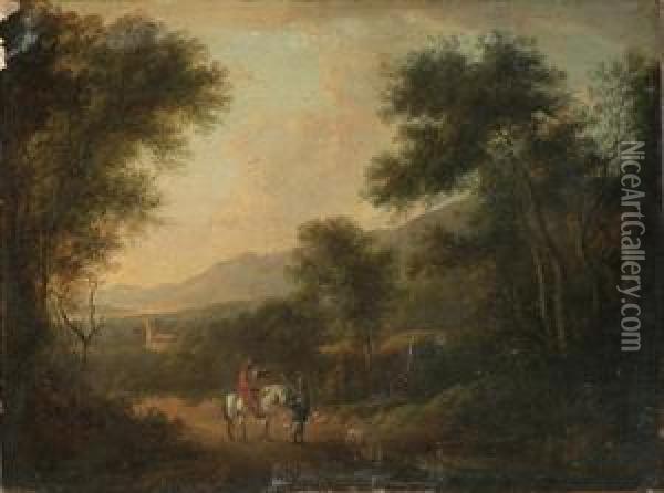 Travellers In An Italianate Landscape Oil Painting - Frederick De Moucheron