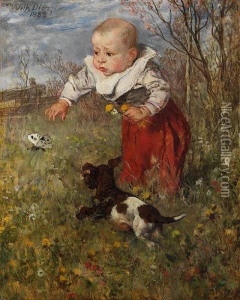 Knabe Und Welpe Auf Schmetterlingsjagd Oil Painting - Wilhelm Von Diez