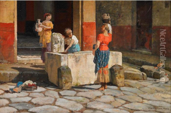 Maidens At A Courtyard Fountain Oil Painting - Luigi Bazzani