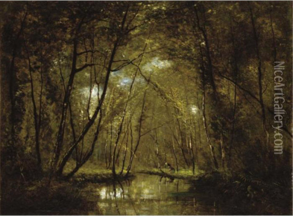 Wooded Riverscape With Figures Oil Painting - Cesar De Cock