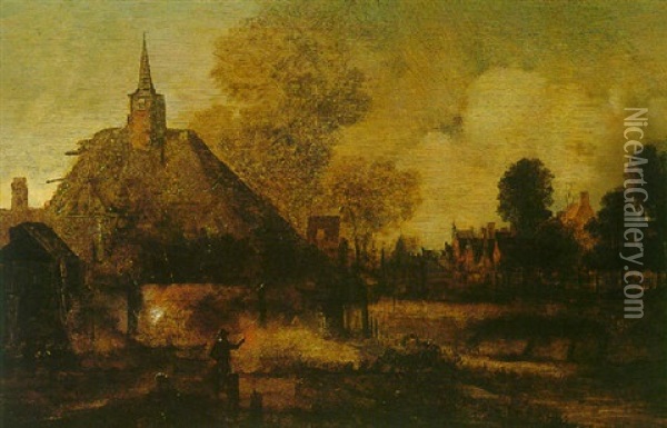 A Moonlit Scene With A Figure Setting Fire To A Building On The Outskirts Of A City Oil Painting - Aert van der Neer