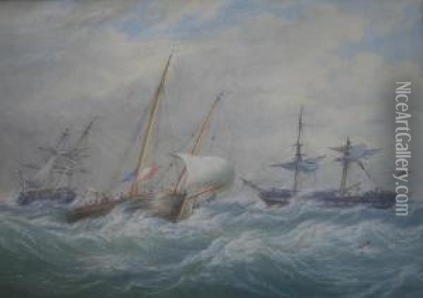 A Gale At Sea Signed And Dated 1866 Oil Painting - William Joy
