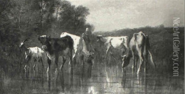 Cattle By A Pool Oil Painting - Andres Cortes y Aguilar