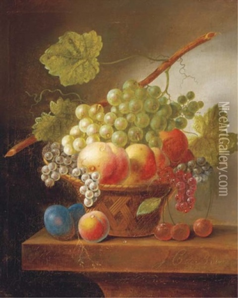 Grapes, Peaches, Prunes And Cherries In A Basket, On A Ledge Oil Painting - Johannes Cornelis de Bruyn