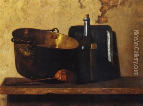 Hommage Au Chardin (wine And Brass Stewing Kettle: Preparation For A French Potage) Oil Painting - John Frederick Peto
