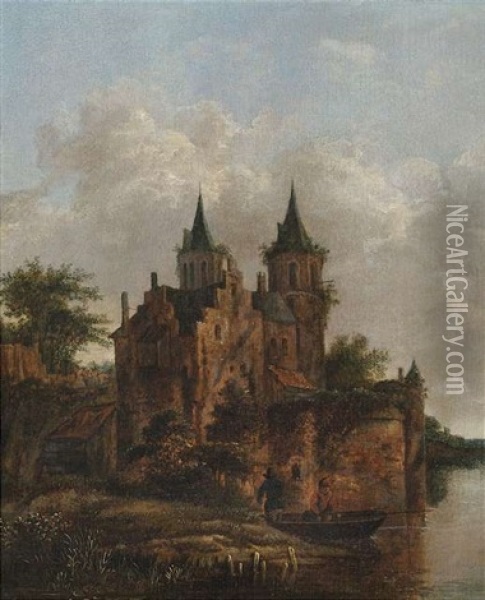 Altes Wasserschloss Mit Hochaufragenden Turmen Bei Bewolktem Himmel Oil Painting - Cornelis Gerritsz Decker
