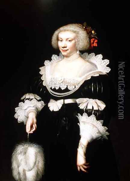 Portrait of a lady in a black dress with lace collar and cuffs, 1631 Oil Painting - Jan Anthonisz. van Ravestyn