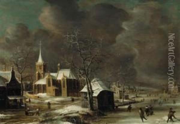A Village In Winter, With Villagers On A Frozen Waterway Oil Painting - Anthonie Beerstraten