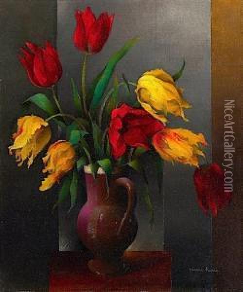 Vase De Tulipes Jaunes Et Rouges Oil Painting - Pierre Hode