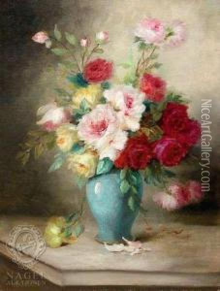 Still-life With Roses In A Blue Vase Oil Painting - Auguste Ii Boulard