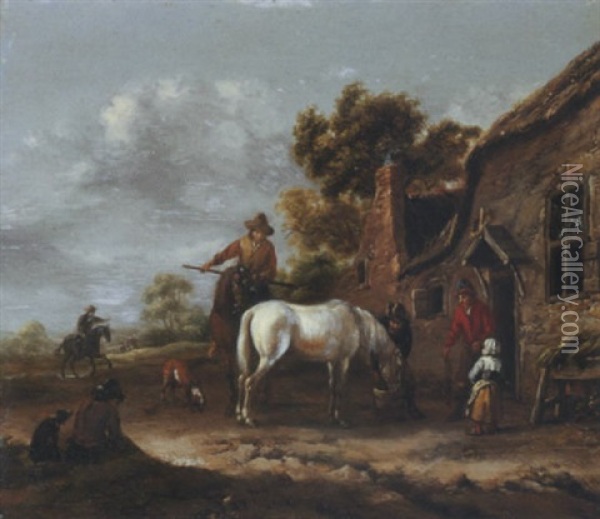 Travellers Resting And Watering Their Horses At A Tavern Oil Painting - Barend Gael
