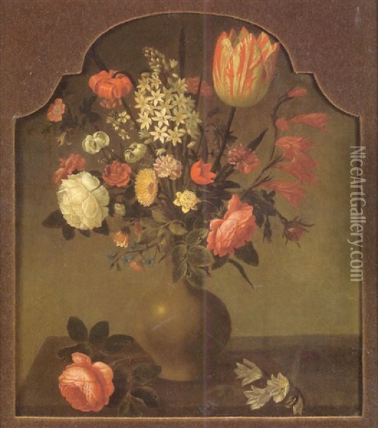 Nature Morte Au Vase De Fleurs Sur Un Entablement Oil Painting - Hans Bollongier