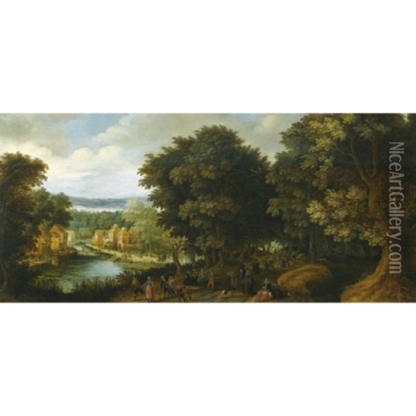 An Extensive Wooded River Landscape With Elegant Figures Conversing Along A Path To The Right, And Other Figures Merry-making In A Village To The Left Oil Painting - Louis de Caullery