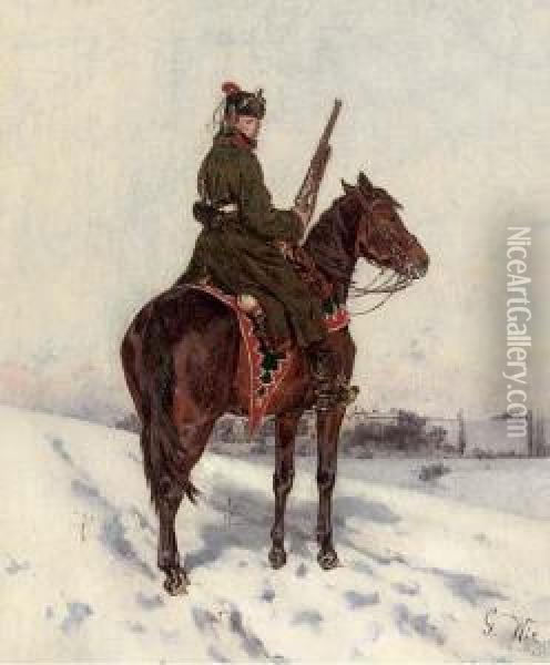 A Prussian Hussar In A Winter Landscape Oil Painting - Gustav Wie