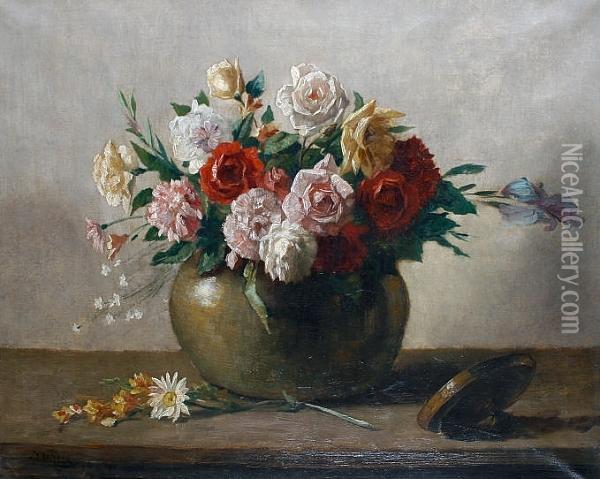 Still Life Of Red, Pink, White And Yellow Roses In A Brass Vessel Oil Painting - Bernard Johann De Hoog