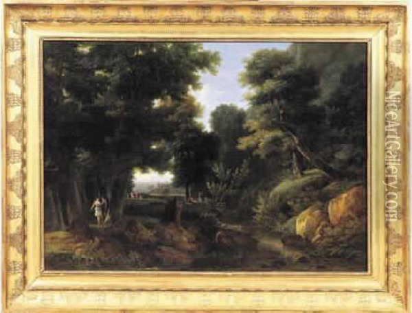 Un Interieur De Foret, On Y Voit Diane Et Ses Nymphes Oil Painting - Jean-Victor Bertin