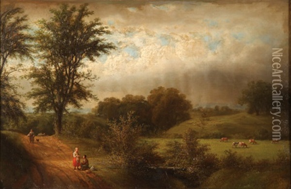 Expansive Landscape With Figures And Grazing Cattle Oil Painting - Isaac L. Williams