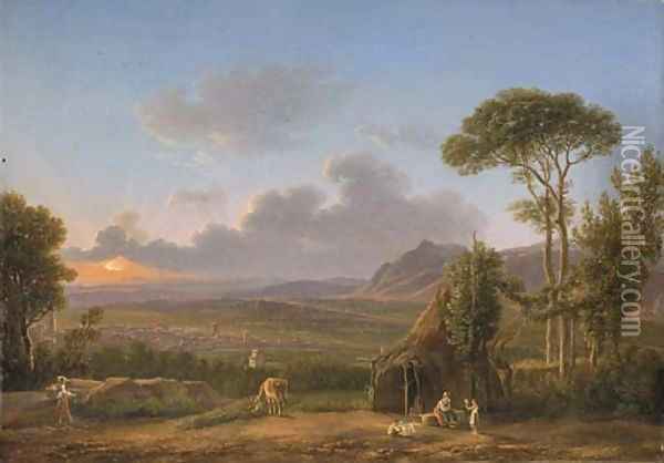 An extensive Italianate landscape at sunset, with a peasant family by a hut Oil Painting - Simon-Joseph-Alexandre-Clement Denis