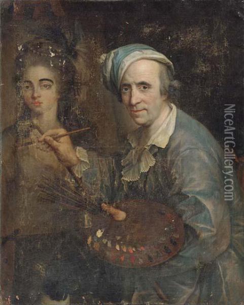 Self-portrait Of An Artist Painting A Female Portrait Oil Painting - Johann Heinrich The Elder Tischbein