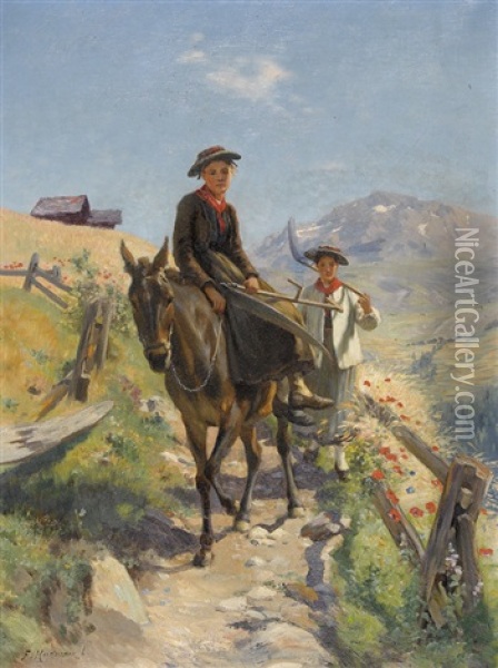 Zwei Walliser Bauerinnen Mit Sensen Oil Painting - Fritz Huguenin