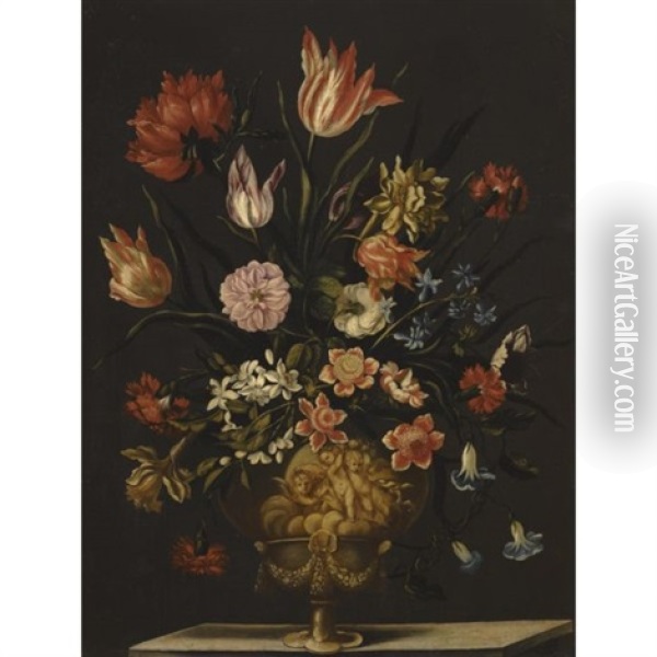 Still Life Of Tulips, Roses, Carnations, Chrysanthemums, And Other Flowers In A Sculpted Vase Over A Ledge Oil Painting - Francesco Mantovano