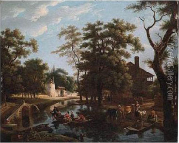 River Landscape With Ferryboats Near A Village Oil Painting - Jean Louis (Marnette) De Marne