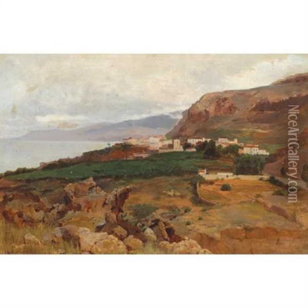View Of A Coastal Village Oil Painting - Bror Anders Wikstrom