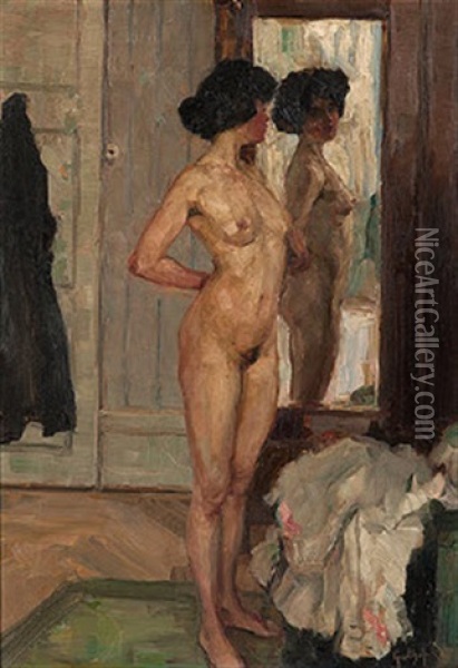 Nude Before A Mirror Oil Painting - Wilhelm Gallhof