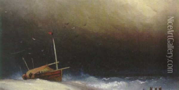 Bat Pa Stormig Strand Oil Painting - Carl Gustaf Plagemann