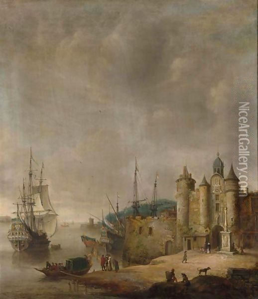 A Harbour Scene With A Man-Of-War And Other Shipping, Figures Conversing On The Shore Oil Painting - Jan Abrahamsz. Beerstraten