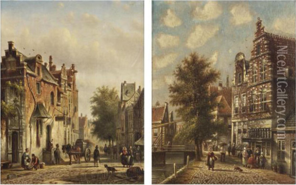 A Horse-drawn Cart In A Busy Sunlit Street Oil Painting - Johannes Franciscus Spohler