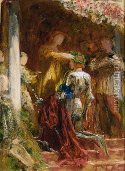Victory, A Knight Being Crowned With A Laurel-wreath Oil Painting - Frank Dicksee