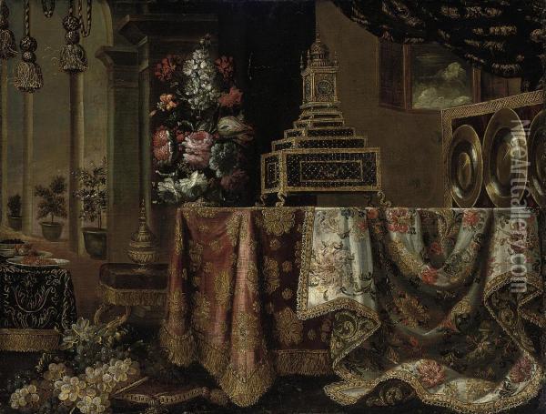 A Gilt Clock, An Urn With Flowers, Silver And Gold Plates On Adraped Table With Grapes On A Gold Trimmed Cushion Oil Painting - Francesco (Il Maltese) Fieravino