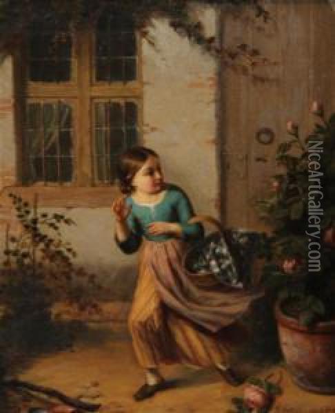 Girl Alarmed By A Wasp Oil Painting - Pierre Joseph Toussaint