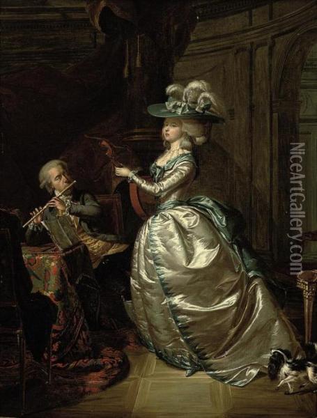 An Elegant Couple Making Music In An Interior Oil Painting - Johann Heinrich The Elder Tischbein
