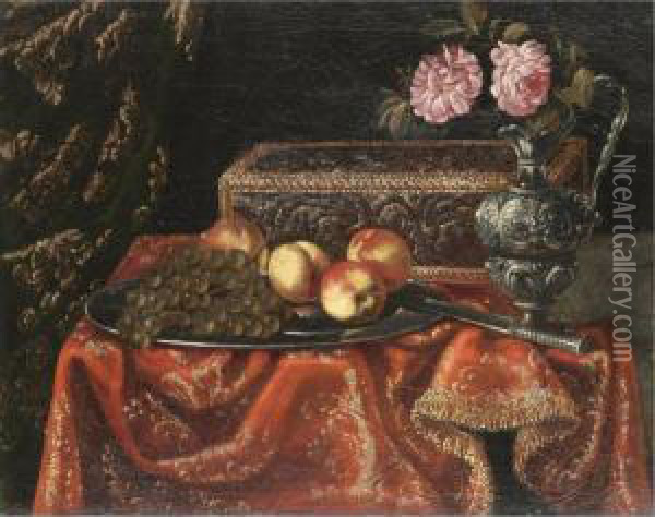 A Still Life With Grapes And 
Peaches On A Pewter Plate, Together With An Inlaid Coffer And Roses In A
 Pewter Ewer On A Table Draped With A Red Embroidered Cloth Oil Painting - Antonio Gianlisi The Younger