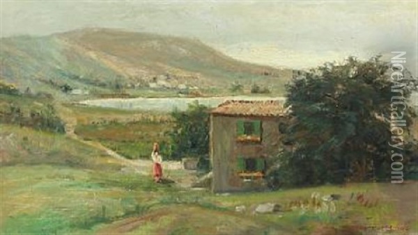 Capri Landscape With Young Italien Woman By A Cottage Oil Painting - Niels Frederik Schiottz-Jensen