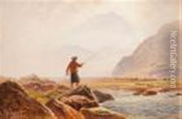 Fisherman In Mountainous Landscape By A Stream, & Couple Fishing On The Bank Of A Stream Oil Painting - Arthur Gilbert