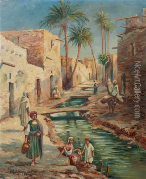 Villageois Au Bord D'un Oued Oil Painting - Louis Maisonneuve