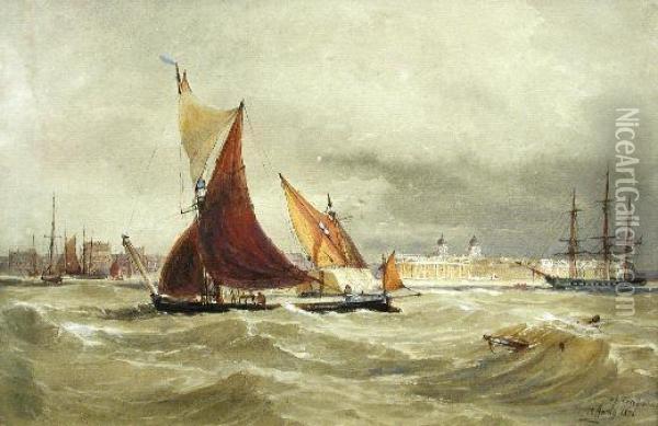 A View Of Greenwich With Sailing Ships In The Foreground Oil Painting - Thomas Bush Hardy