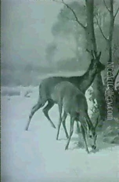 Skovparti Med Rabuk Og Ra, Vinter Oil Painting - Adolf Heinrich Mackeprang