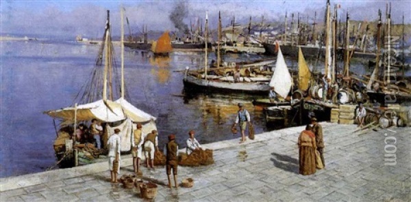 A Busy Harbour Oil Painting - Attilio Pratella