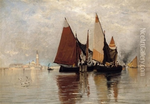 Venedig. Segelboote Und Dampfschiff In Der Lagune Der Stadt Oil Painting - Ascan Lutteroth