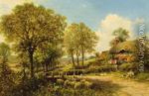 Spring Cottage With Shepherd And Flock Oil Painting - Benjamin Williams Leader