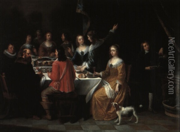 Elegant Figures Dining In An Interior Oil Painting - Jasper van der Laanen