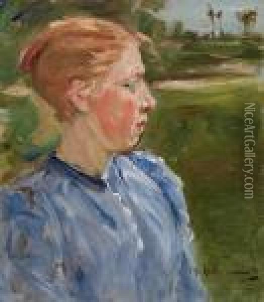 Blaues Madchen In Landschaft - Bauernmadchen Oil Painting - Max Liebermann