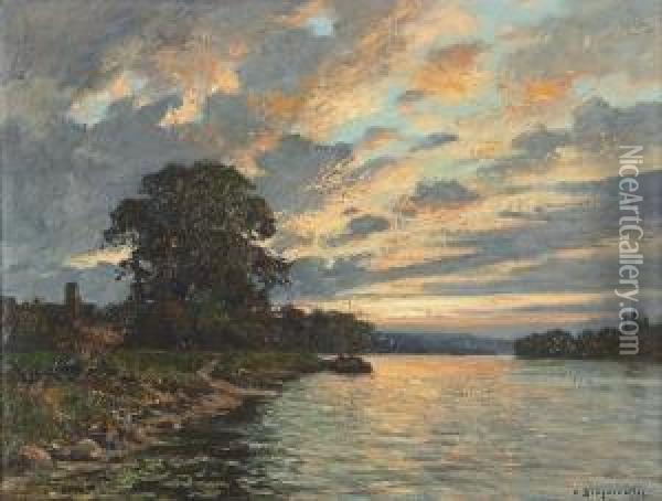 Abendliche Flussuferpartie. Oil Painting - Victor Brugairolles
